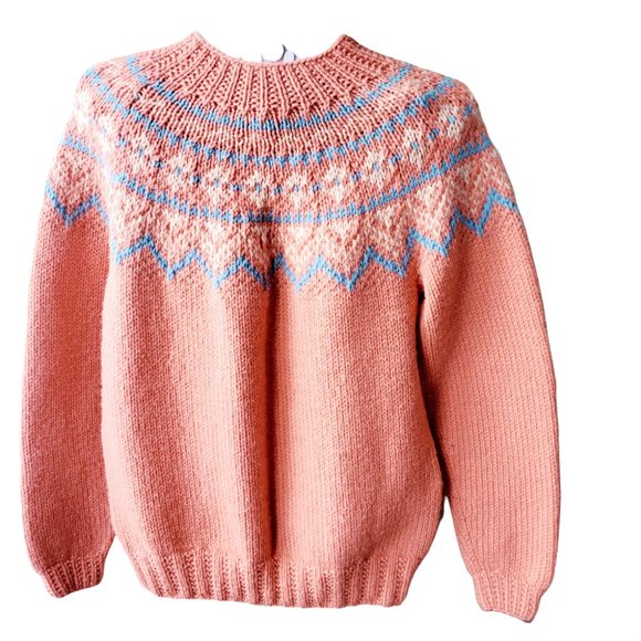 HandKnit Sweaters - Vintage 90's Fair isle Chunky hand-knitted Pink-Blue Retro Crew Neck Sweater. XL